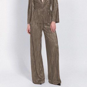 SABINA MUSAYEV Gold Metallic Plisse Pleated Tom Wide Leg Pants Small NWT
